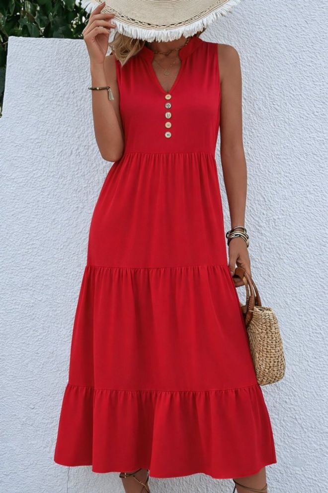 Janes Red Fit And Flare V Neck Midi Dress Wholesale Clothing 1