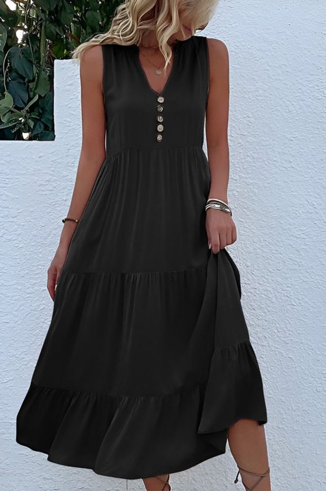 Janes Black Fit And Flare V Neck Midi Dress Wholesale Clothing Casual