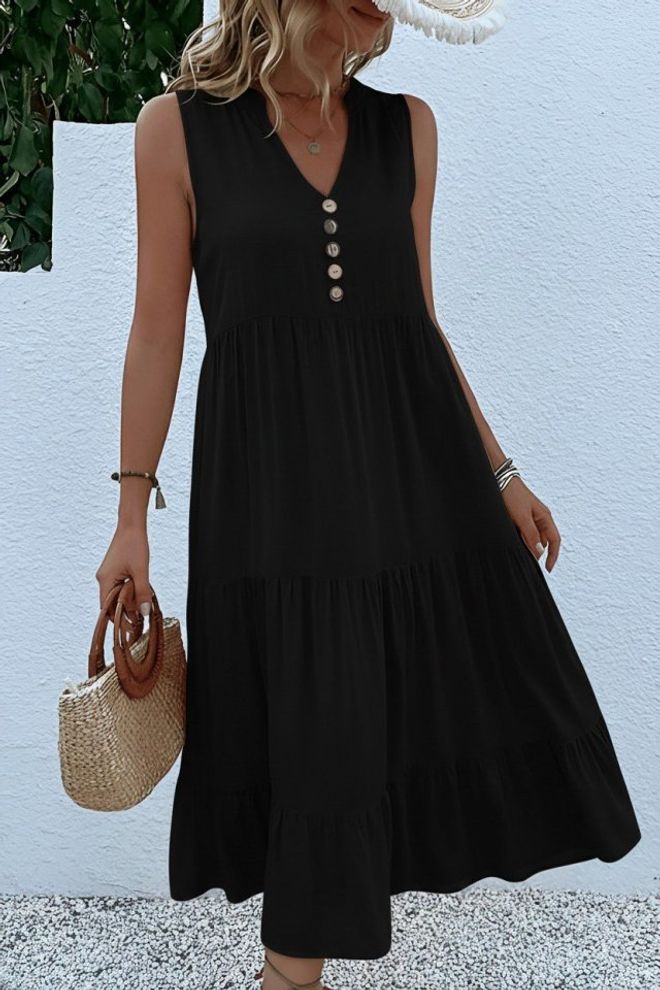 Janes فستان أسود بتصميم مناسب ومتألق بياقة على شكل V بطول ميدي ملابس بالجملة 1