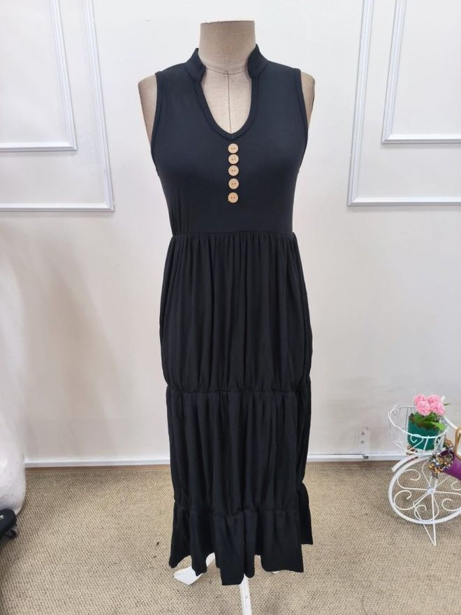 Janes فستان أسود بتصميم مناسب ومتألق بياقة على شكل V بطول ميدي ملابس بالجملة بوهو