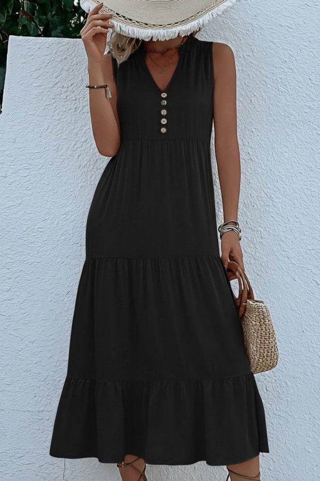 Janes فستان أسود بتصميم مناسب ومتألق بياقة على شكل V بطول ميدي ملابس بالجملة شاطئ