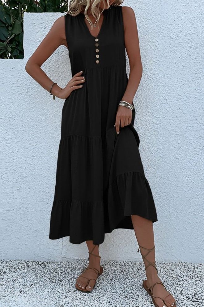 Janes فستان أسود بتصميم مناسب ومتألق بياقة على شكل V بطول ميدي ملابس بالجملة ربيع