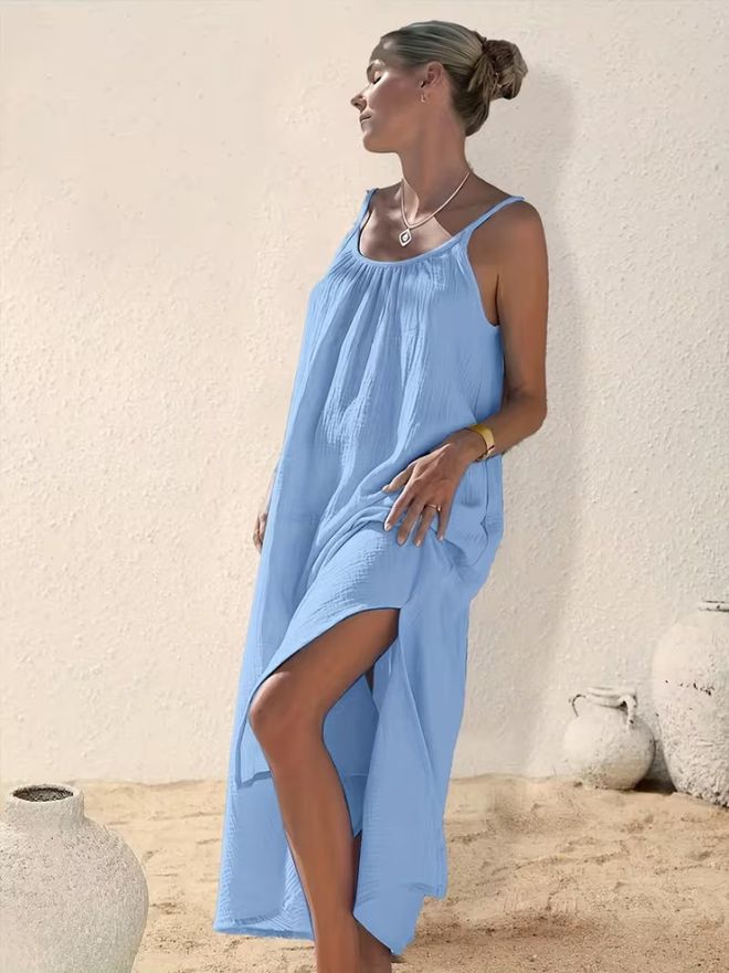 Janes Blue Maxi Slip Dress With Cap Sleeves Wholesale Clothing Casual