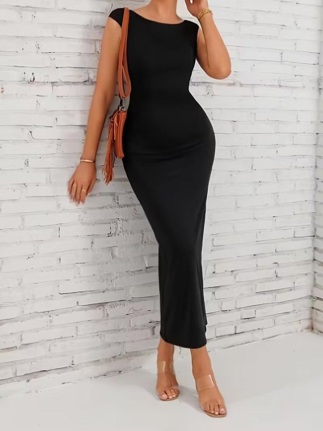 Janes Rochie Neagră Elegantă Maxi Cu Spatele Gol Și Mânecă Capac Îmbrăcăminte cu ridicata Sexy