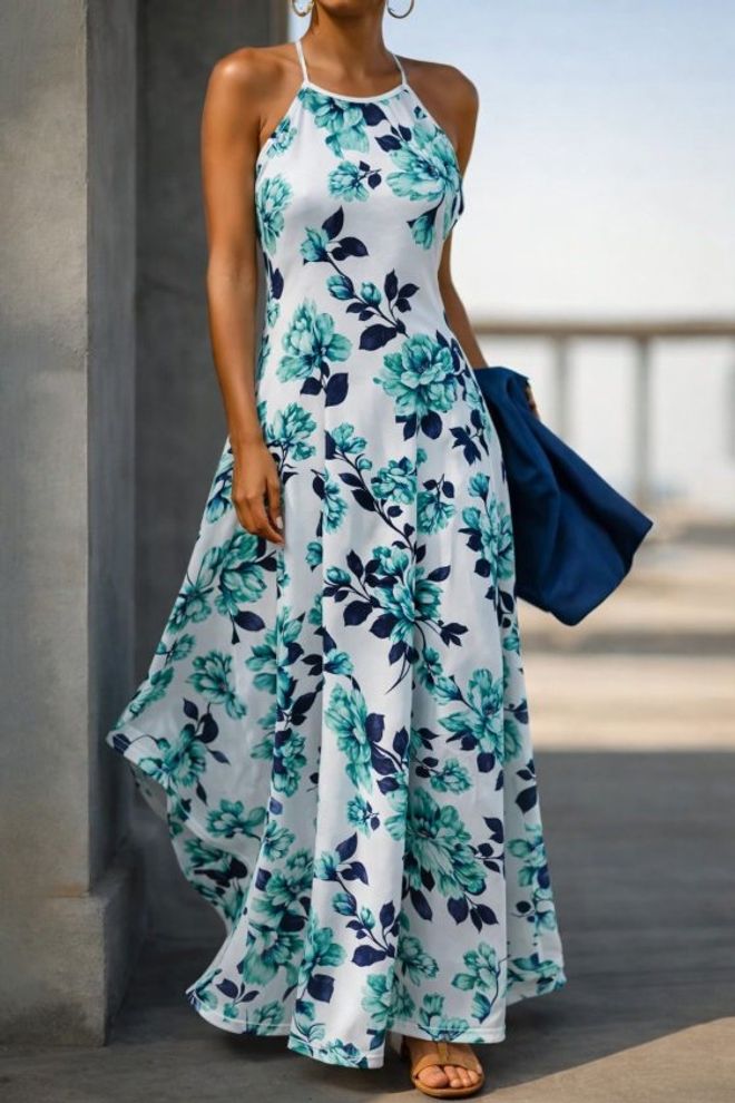 Janes Vestido Branco Fit And Flare Floral Com Decote Halter Roupas por atacado Casual