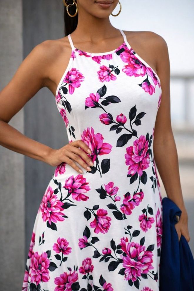 Janes White Floral Sleeveless A Line Dress Wholesale Clothing Beach