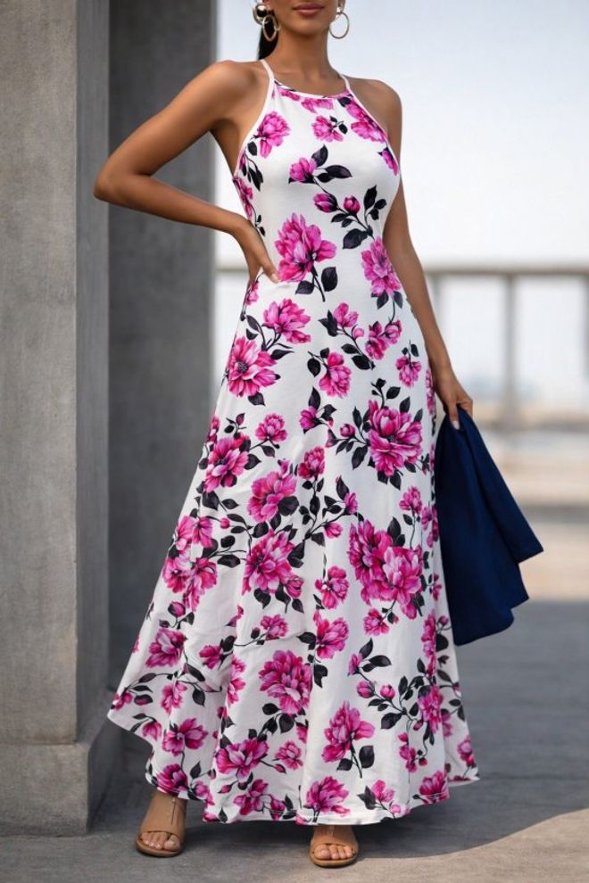 Janes White Floral Sleeveless A Line Dress Wholesale Clothing 1