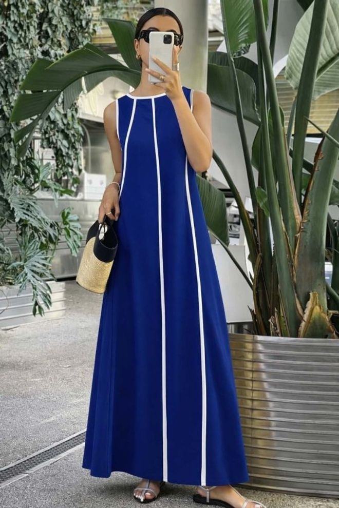 Janes Women's Off Shoulder Open Neckline Slim Stripe Detailed Long Viscose Dress Navy Wholesale Clothing 0
