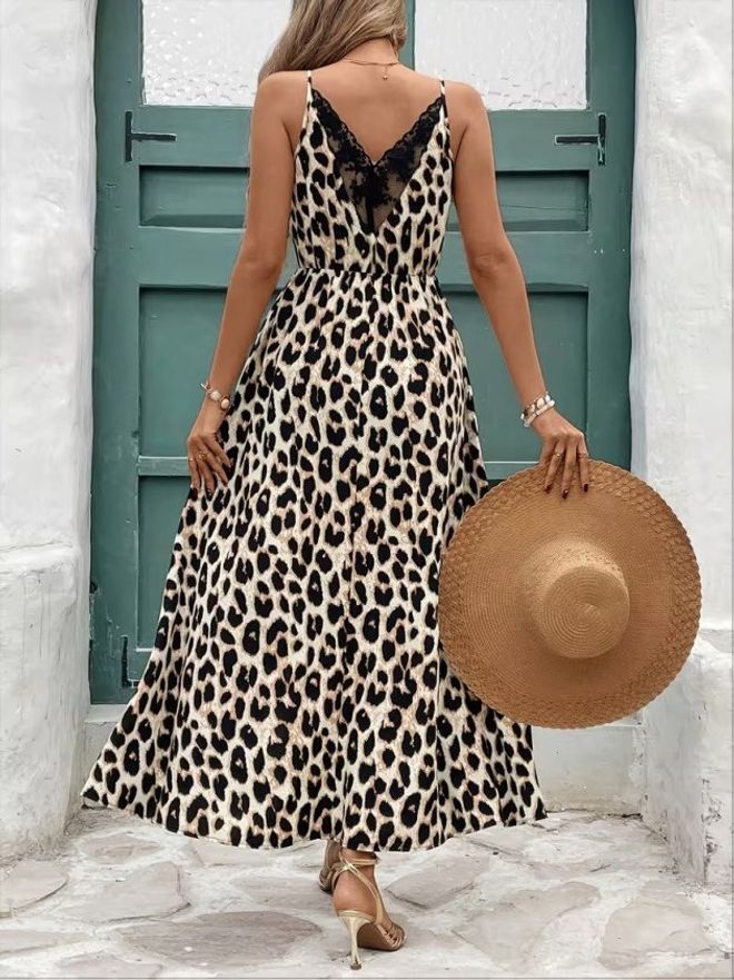 Janes Vestido Negro Sexy Slip Maxi Con Estampado De Leopardo Ropa al por mayor Casual