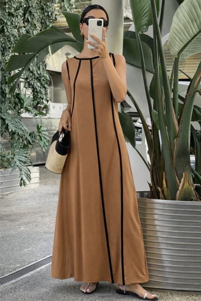 Janes Women's Off Shoulder Open Neck Slim Stripe Detailed Long Viscose Dress Brown Wholesale Clothing Casual
