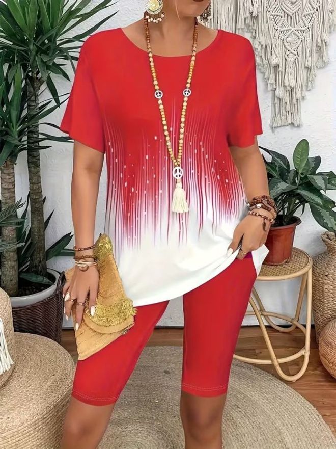 Janes Červená Neformálny Plus Size Súprava S Vzorom Ťah Štetcom Veľkoobchod s oblečením Neformálny