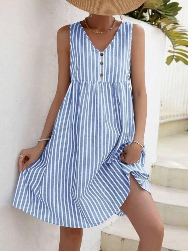 Janes فستان أزرق بأكمام قبعة وخط A مخطط برقبة على شكل حرف V وطول الركبة ملابس بالجملة غير رسمي