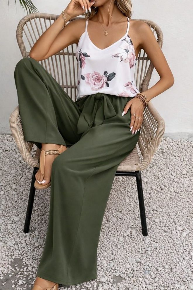 Janes Зелен Небрежен Бохо Елегантен Костюм Без Ръкави С V образно Деколте Дрехи на едро Небрежен