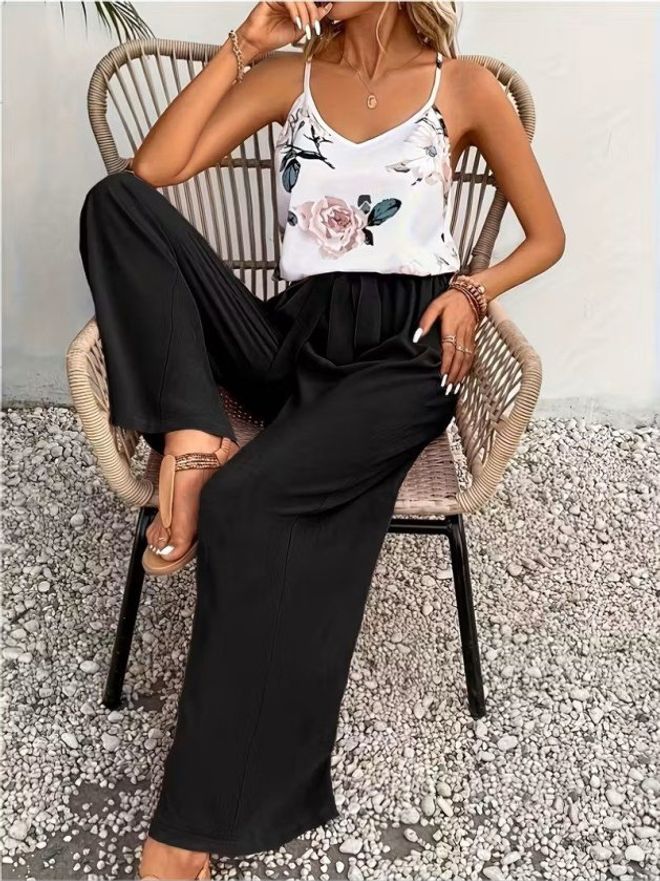 Janes Čierny Elegantný Kvetinový Palazzo Set Veľkoobchod s oblečením Neformálny