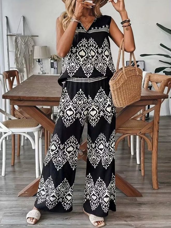 Janes Костюм В Черно Етно Елегантен Без Ръкави С Широк Панталон Дрехи на едро Небрежен