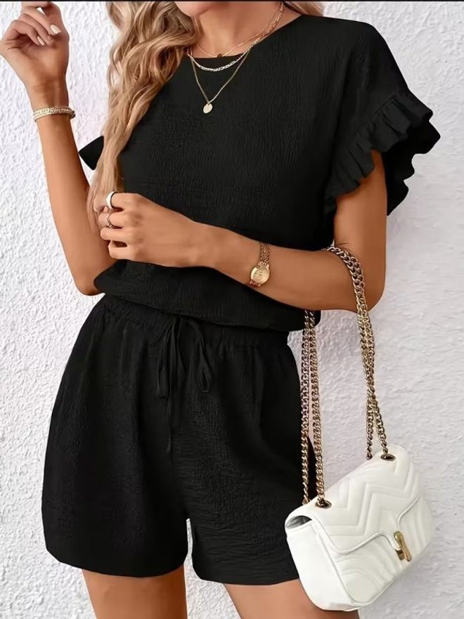 Janes Čierny Elegantný Neformálny Súbor S Volánovými Rukávmi A Atletickými Krátkymi Nohavicami Veľkoobchod s oblečením Neformálny