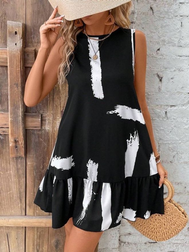 Janes Črna Babydoll Mini Obleka Brez Rokavov S Kapa Sleeve Oblačila na debelo Ležerno