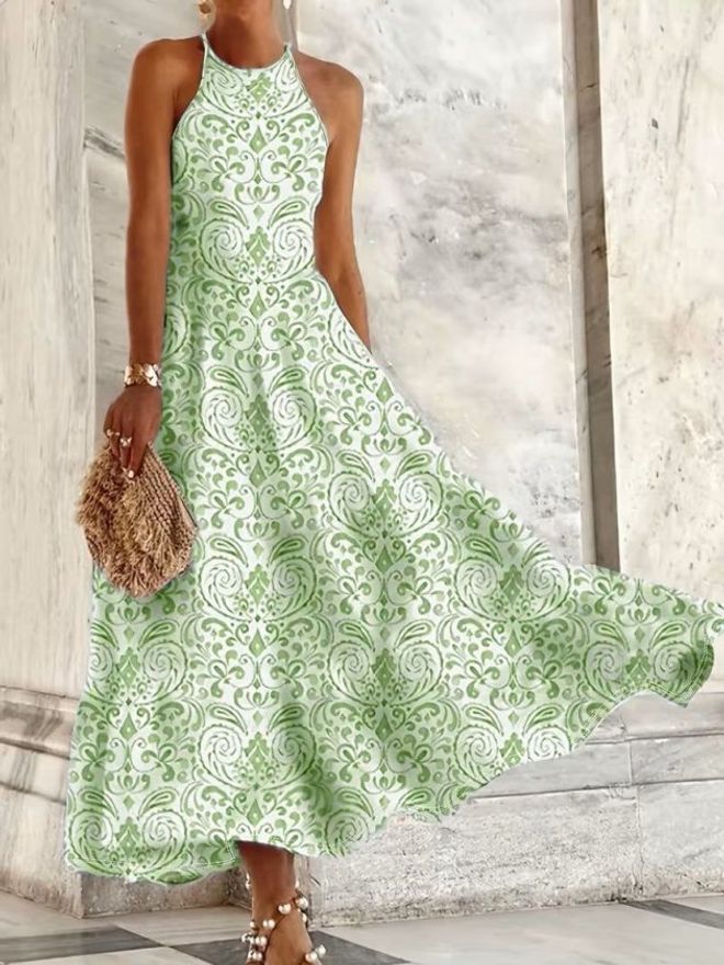 Janes Zelena Obleka Fit And Flare Maxi Z Ovratnikom S Povodcem Oblačila na debelo Ležerno