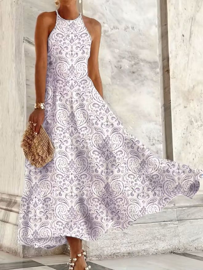 Janes Bela Midi Obleka A izreza Z Ovratnikom Halter In Kapa Rokavi Oblačila na debelo Ležerno