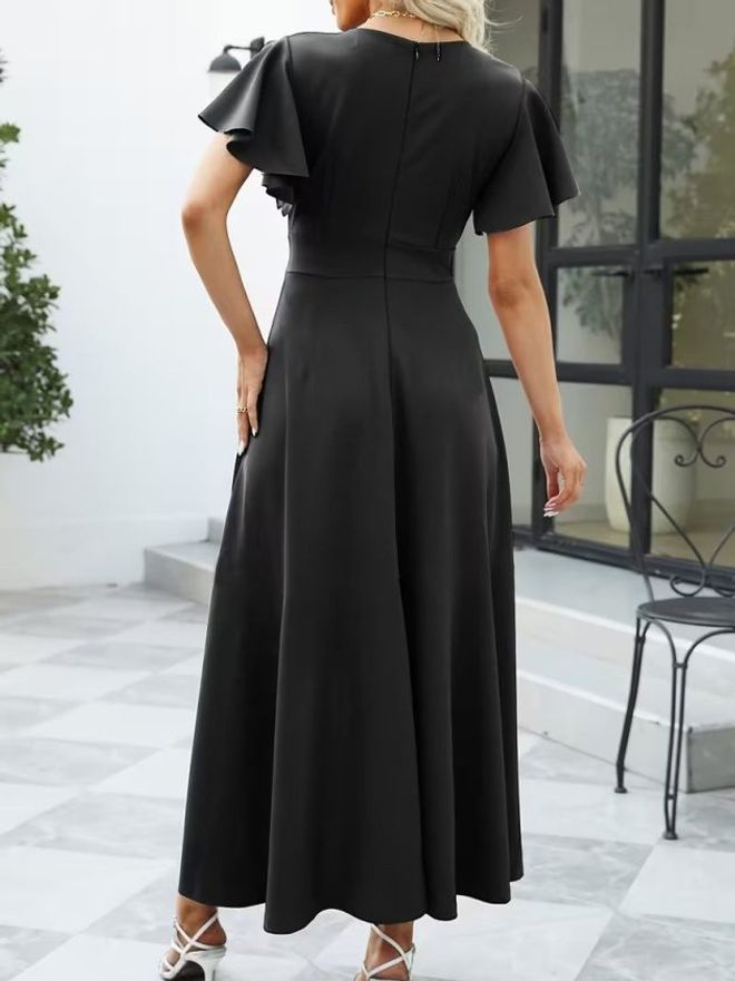 Janes فستان أسود أنيق ملفوف ماكسي بأكمام فلوتر ملابس بالجملة رَسمِيّ