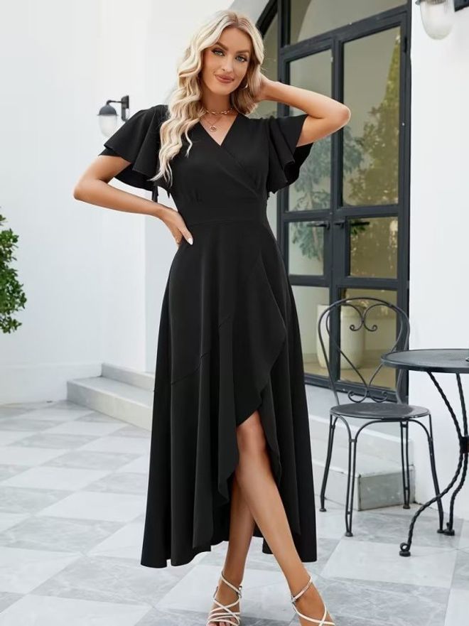 Janes فستان أسود أنيق ملفوف ماكسي بأكمام فلوتر ملابس بالجملة ربيع