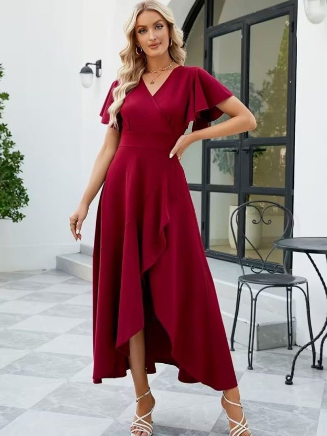 Janes Elegante Bordeauxrode Wikkeljurk Met V hals Groothandel Kleding 1