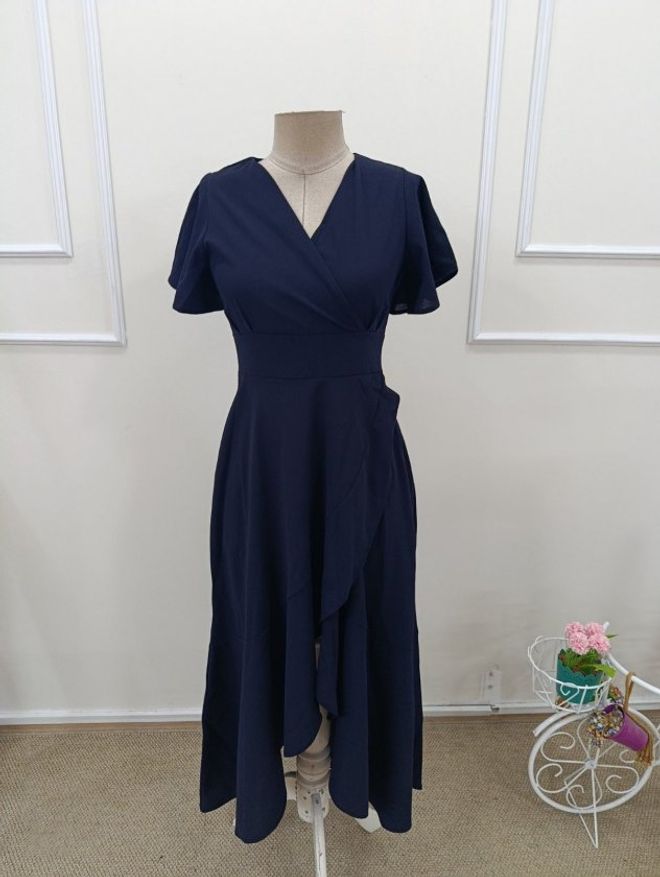 Janes فستان أزرق داكن أنيق بطوق وأكمام فلاتر ملابس بالجملة ربيع