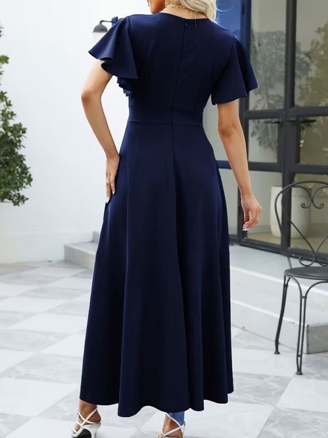 Janes فستان أزرق داكن أنيق بطوق وأكمام فلاتر ملابس بالجملة 1