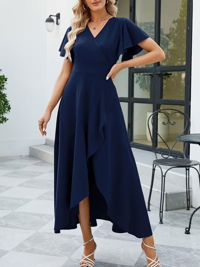 Janes فستان أزرق داكن أنيق بطوق وأكمام فلاتر ملابس بالجملة عمل