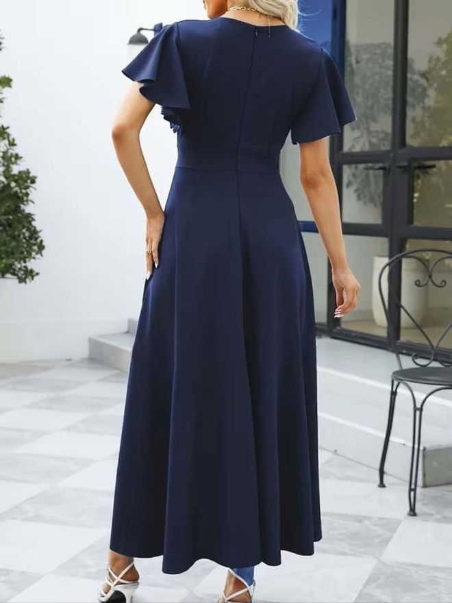 Janes فستان أزرق داكن أنيق بتصميم طوق بأكمام رفرفة ملابس بالجملة 1