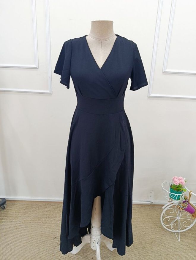 Janes فستان أزرق داكن أنيق بتصميم طوق بأكمام رفرفة ملابس بالجملة ربيع