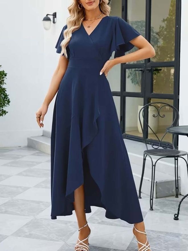 Janes فستان أزرق داكن أنيق بتصميم طوق بأكمام رفرفة ملابس بالجملة عمل