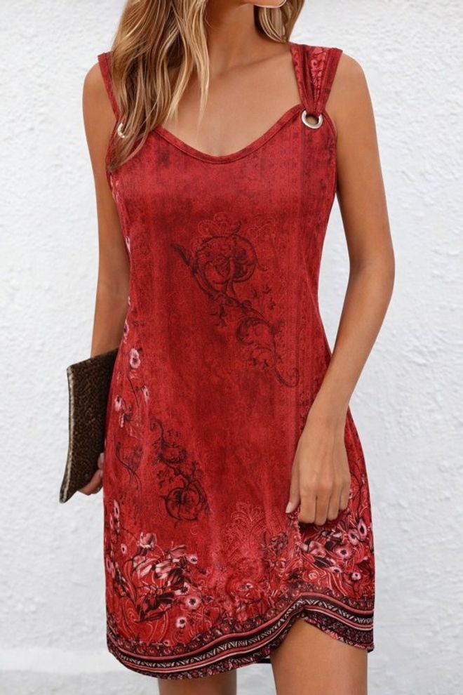 Janes Robe Rouge Mini Sans Manches Style Slip Avec Col En V Et Manches Mancherons Vêtements en gros Plage