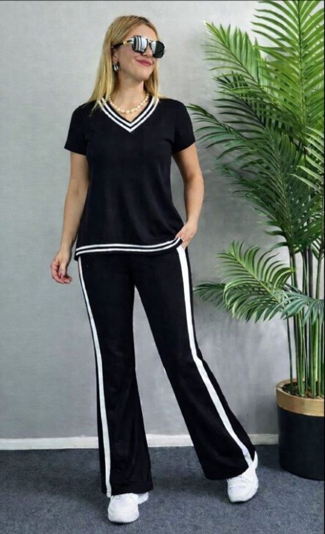 Janes Traje Deportivo Casual Negro Con Cuello En V Y Pierna Acampanada Ropa al por mayor Casual