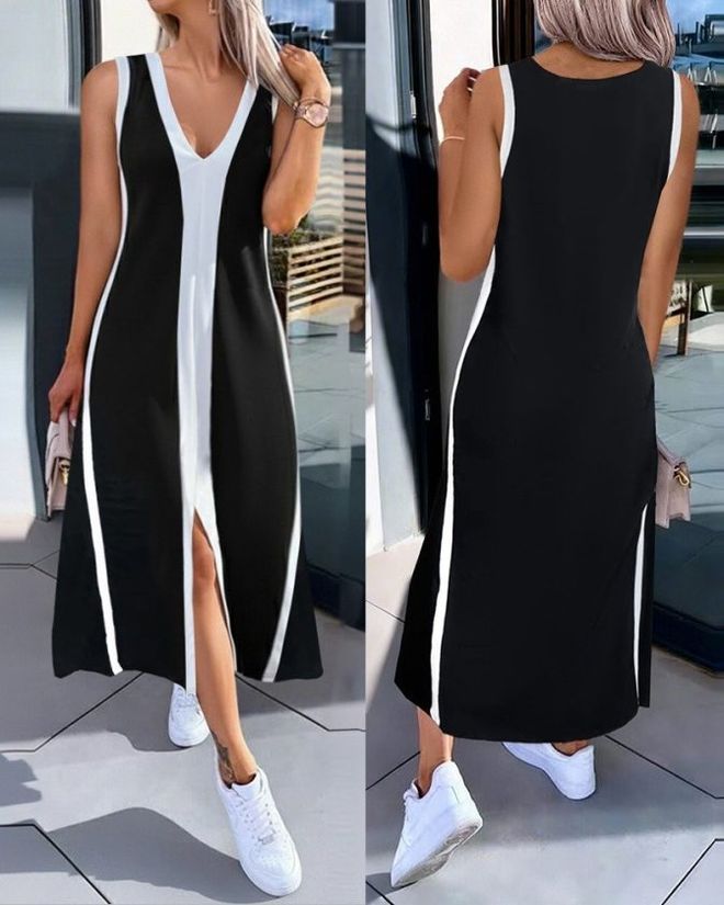 Janes Black Slip Midi Dress With V Neck And Cap Sleeves Wholesale Clothing Casual