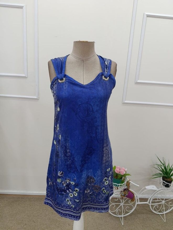 Janes Robe Bleue Décontractée Bohème Florale Mini À Bretelles Avec Encolure En V Et Manchettes Vêtements en gros Printemps