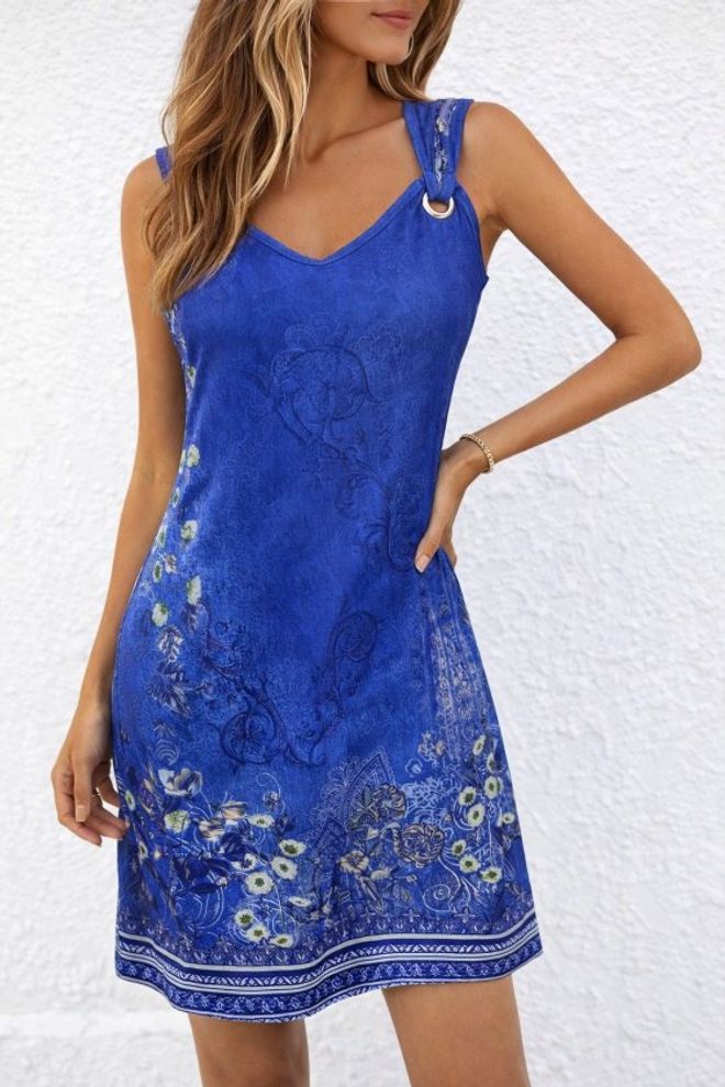 Janes Robe Bleue Décontractée Bohème Florale Mini À Bretelles Avec Encolure En V Et Manchettes Vêtements en gros 1