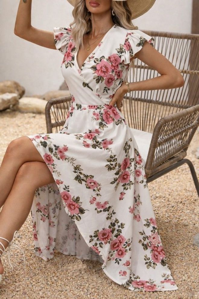 Janes Ασπρο Floral Wrap Φόρεμα Με Μανίκια Με Βολάν Χονδρικό εμπόριο ενδυμάτων Casual