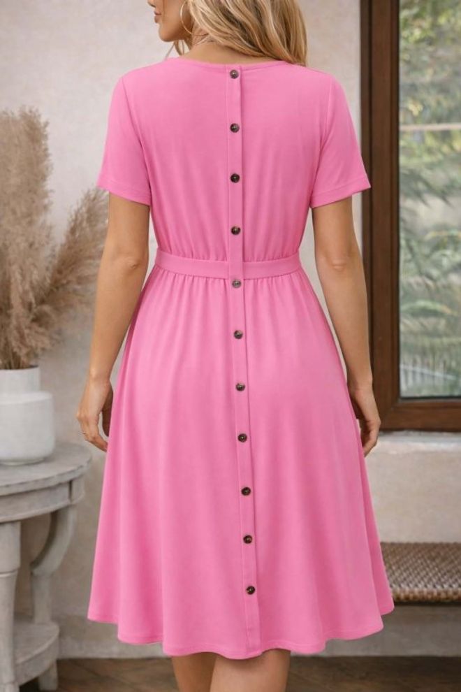 Janes Rosa Fit And Flare Kleid Mit Kurzen Ärmeln Großhandelskleidung Modest