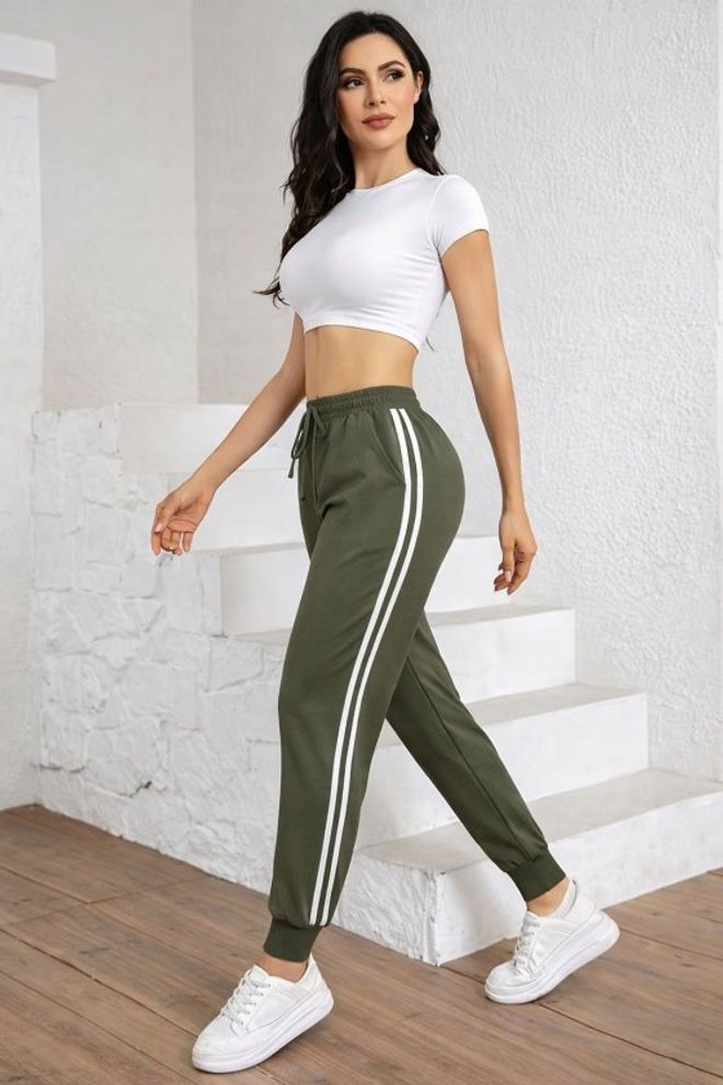 Janes Зеленые Джоггеры Со Шнурком И Полосатым Дизайном Оптовая продажа одежды 1