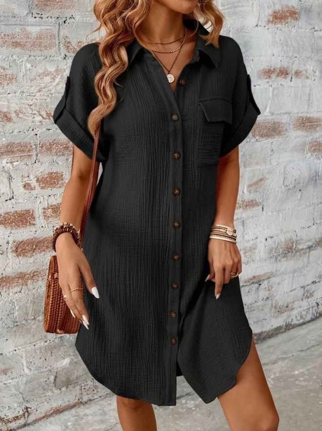 Janes Schwarz Lässiges Streetwear Hemdkleid Knielang Großhandelskleidung Modest