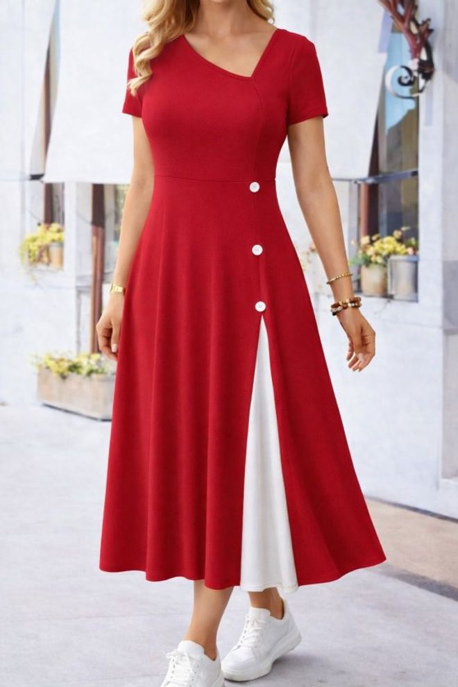 Janes Vestito Rosso Fit And Flare Con Scollo A V E Lunghezza Midi Abbigliamento all'ingrosso Casuale