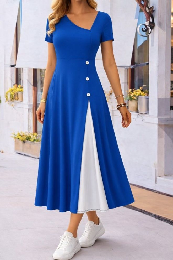 Janes فستان أزرق بأكمام قصيرة وطول ميدي بياقة على شكل V تصميم A Line ملابس بالجملة غير رسمي