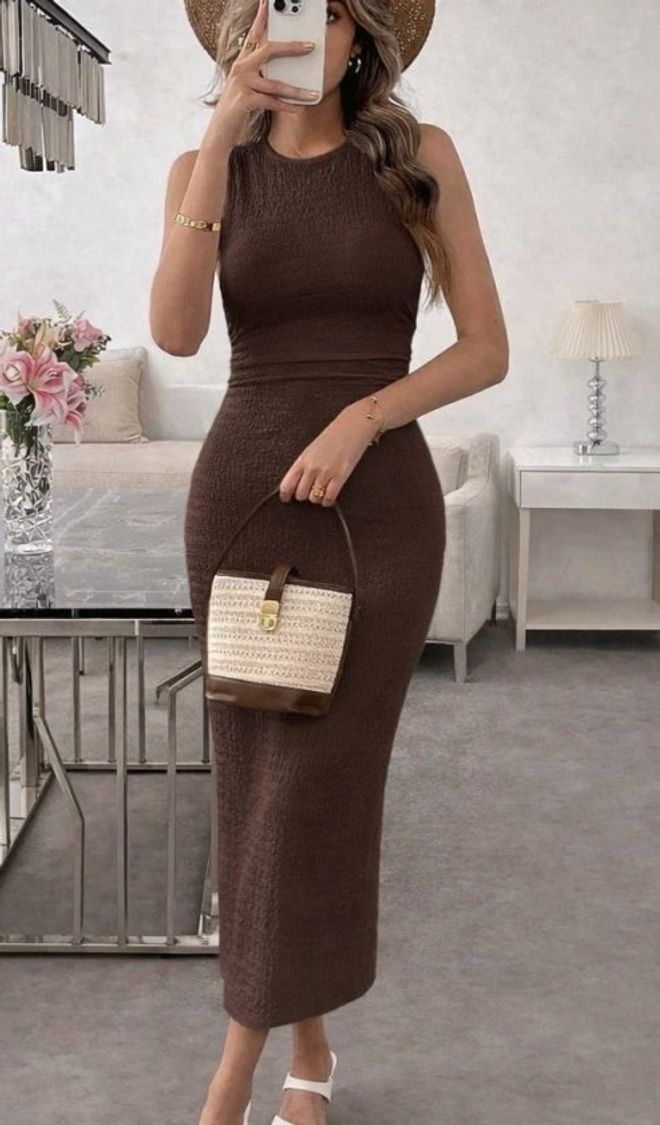 Janes Brown Bodycon Sleeveless Dress Wholesale Clothing 1