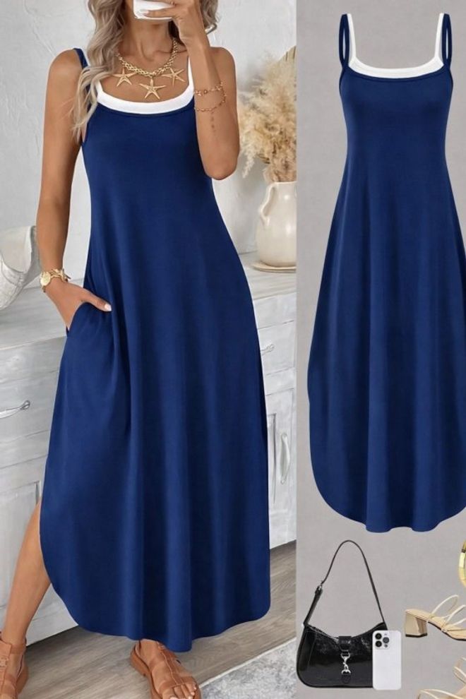 Janes Vestito Sottoveste Blu Navy Con Scollo Quadrato Abbigliamento all'ingrosso Casuale