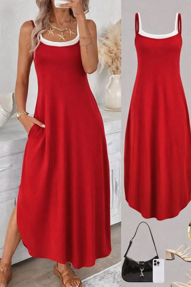 Janes Kare Yakalı Kırmızı Şık Slip Elbise Toptan Giyim Gündelik