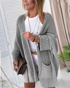 A wholesale clothing model wears 41482 - Cardigan - Gray, Turkish wholesale Cardigan of Janes
