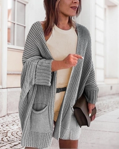 A wholesale clothing model wears 41482 - Cardigan - Gray, Turkish wholesale Cardigan of Janes