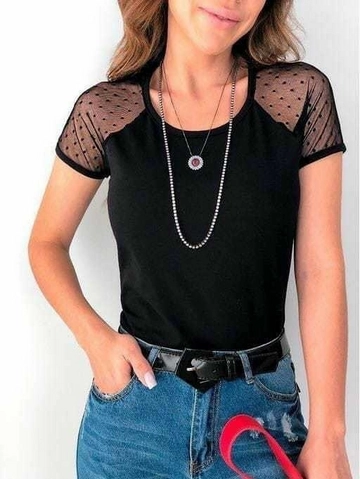 A wholesale clothing model wears  Women's Polka Dot Tulle Short Sleeve Viscose Blouse - Black
, Turkish wholesale Blouse of Janes