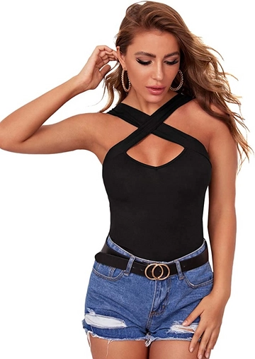 A wholesale clothing model wears  Women's Crossover Halter Neckline Diving Blouse - Black
, Turkish wholesale Blouse of Janes